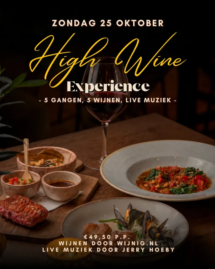 Poster Blend High Wine Experience op zondag 25 oktober: 5 gangen, 5 wijnen, live muziek