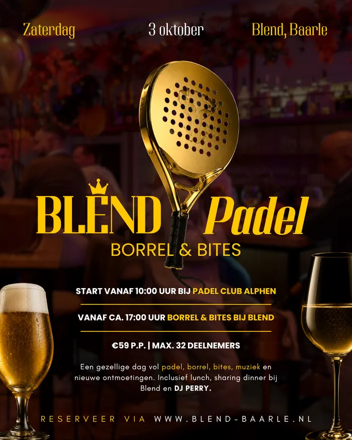 Poster Blend Padel, Borrel en Bites op zaterdag 3 oktober
